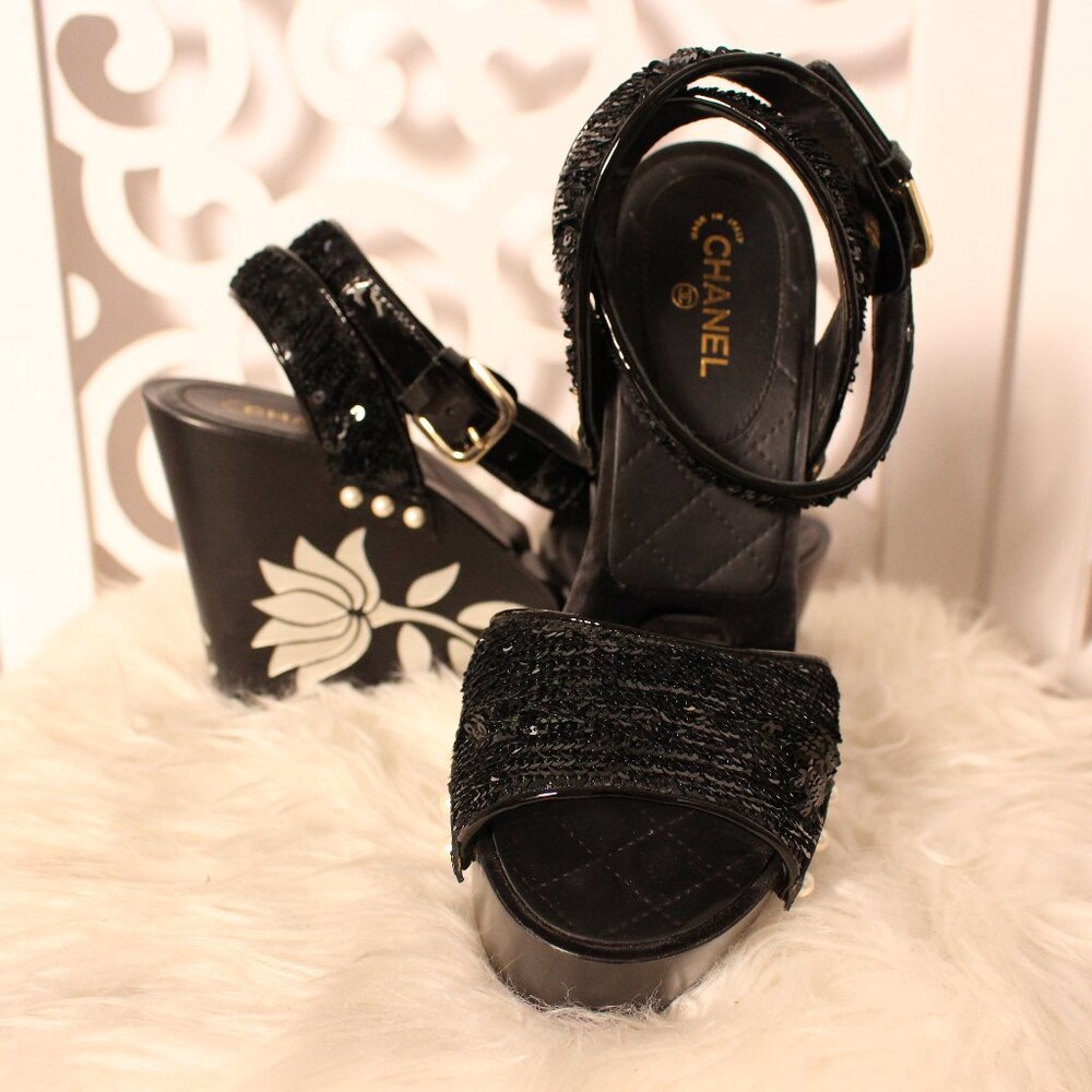 Chanel Black Sequin Wedge Sandals with Pearl & Floral Design, Size 37
